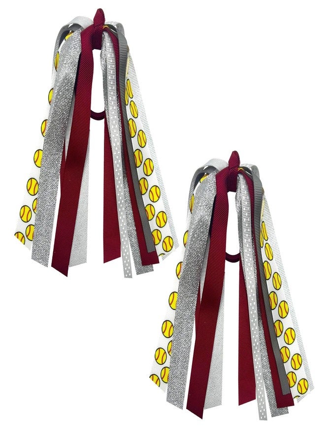 Ftuuo 2pcs Softball Ponytail Holders Hair Ribbons Streamer Yellow Red Glitter Softball Elastic Hair Ties Band Hair Scrunchies Game Day Party Accessories Back School Gift for Women Cheerleader Fans - Image 1